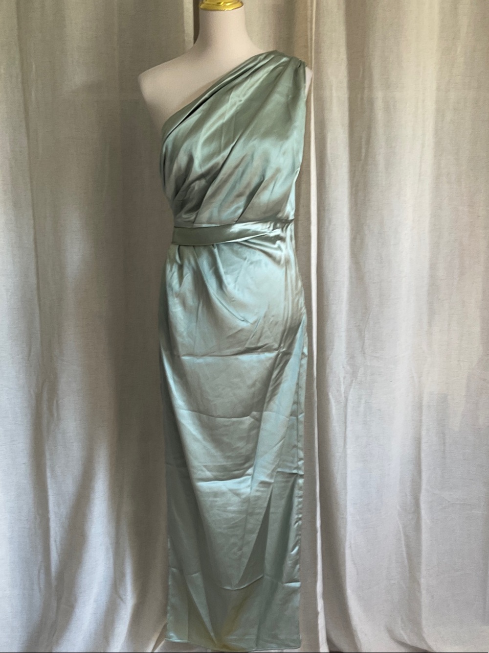 Petal & Pup Sage Green One Shoulder Satin Side Slit Midi Formal Dress Size 6